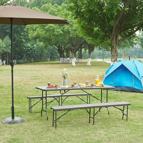 [en.casa] Table de Camping Pliante avec Plateau Rectangulaire Table de Pique-Nique pour Jardin Terrasse Balcon Patio Extérieur Métal Plastique HDPE 180 x 75 x 72 cm Effet Bois Marron Foncé
