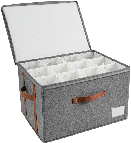 Asitdroh Stemware storage containers, wine glass storage box ，wine glass storage box with dividers，glass storage containers，Holds 12 Red or White Wine Glasses, Hard Top and Sides(Grey red,
