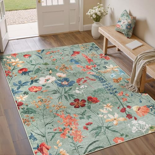 HUGEAR Alfombra para Sala Verde Antideslizante Lavables en Lavadora Tapetes Habitacion Comedor Cocina Exterior Moderno Flor Grande Pelo Corto Tapete 120x170cm