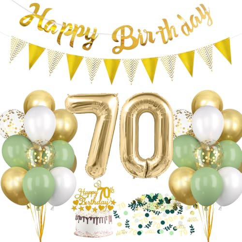 HUKUMA Décoration d'anniversaire 70 ans, vert sauge, pour femme et homme, avec guirlande vert/blanc/doré, ballons à confettis verts, ballons à confettis verts