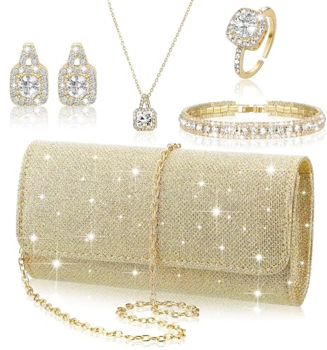 Canchiing 5 Pcs Rhinestone Jewelry Set Clutch Purse for Women Gold