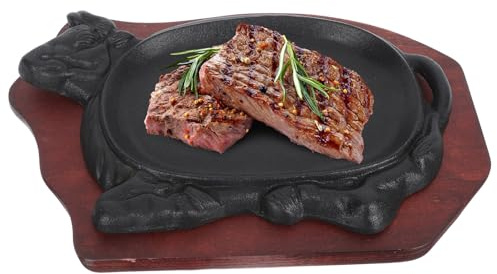 SOIMISS Plancha de Hierro Fundido Antiadherente para Filetes 21X14 CM Bandeja de Madera Roja Sartén Teppanyaki para Parrilla y Cocina Casa