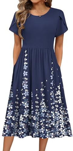 Hotouch Abito estivo da donna, a maniche corte, girocollo, per il tempo libero, in tinta unita, linea ad A, con tasca, S-XXL, L