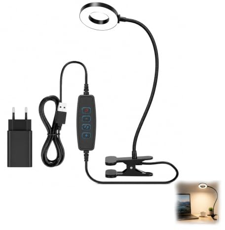 Lámpara LED de Lectura con Clip, 23 LEDs, Cuello Flexible 40cm, 3 Tonos de Luz y 10 Niveles de Brillo, Protección Ocular, Memoria, Alimentación USB, Flexo Mesa Escritorio para Estudio Trabajo Leer