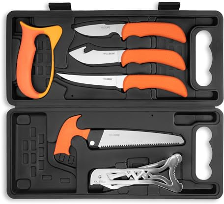 OUTDOOR EDGE WildPak, 8-Piece Field to Freezer Hunting & Game Processing Knife Set with Caping Knife, Gut-Hook Skinner, Boning/Fillet Knife, Wood/Bone Saw, Spreader, Gloves, and Hard-Side Carry Case
