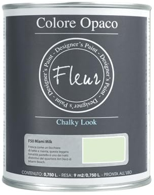 FLEUR DESIGNER'S PAINT | Pittura Chalk Paint Opaca, 750 ml, Senza Carteggiare, Multisuperficie, Colore F50 Miami Milk, Effetto Gesso, Per Pareti e Mobili, Extra Opaco, Ad Acqua, Made in Italy