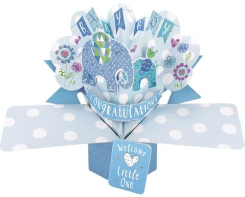 Second Nature Pop Ups éléphants carte de naissance garçon avec inscription bleue