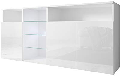 MB Muebles Bonitos | Aparador Clark con 3 Puertas para Salón con Luz LED | Mueble Moderno de Melamina Brillo | Color Blanco | 150x72x35 cm