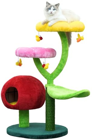 Catry Mushroom Flower Cat Tree Tower with Flower Perches, Leaf Hammock, Hideaway Condo, Replaceable Natural Sisal Scratching Post, Multi-Bee Toys, Novelty Colorful Cat Tree