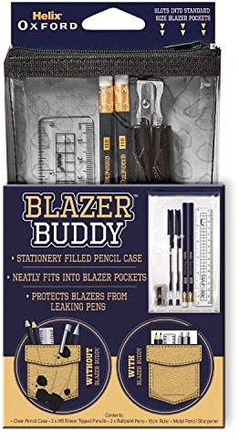 Helix Oxford Blazer Buddy Essential Stationery Set with Compact Clear Pencil Case Fits in School Blazer Pocket 981805