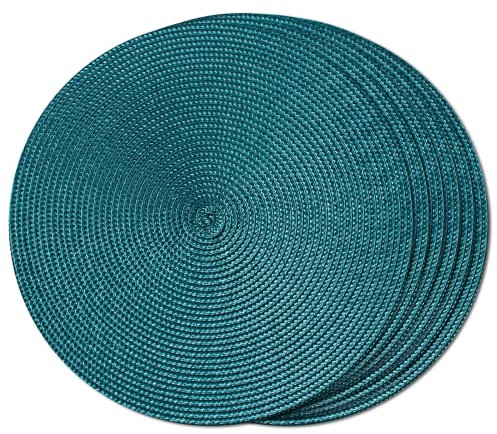 FunWheat Braided Round Placemats for Dining Tables Set of 6 Washable Non Slip Placemats 13 Inch (Teal)