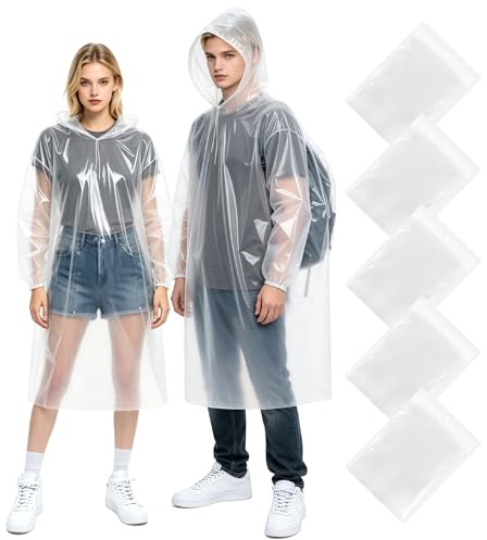 Chyaya 5 Pack Waterproof Poncho Adult, Emergency Portable Raincoat, Clear Rain Poncho with Sleeves & Hood, Reusable Rain Poncho Waterproof for Hiking Cycling Camping Travelling Festival