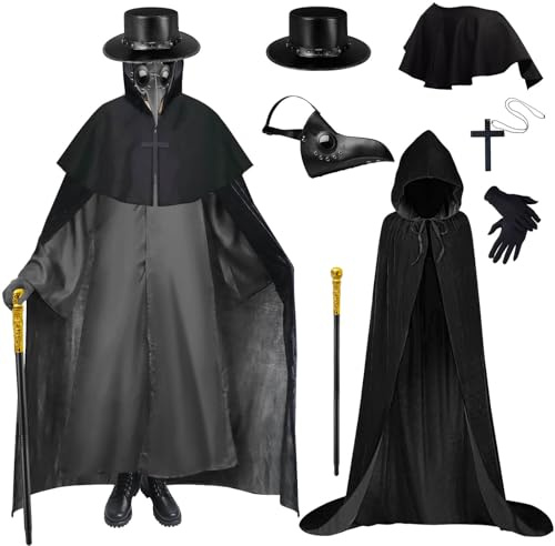 Dhnvcud Costume du Médecin de Peste, Masque, Chapeau Steampunk, Cape à Capuche, Canne, Déguisement d’Halloween, Cosplay pour Carnaval