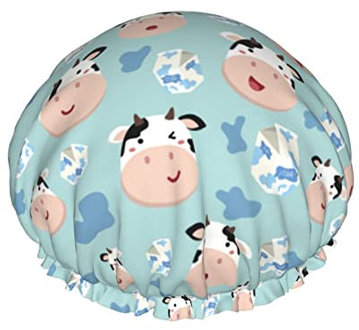 Cuffia da doccia con motivo animale al latte di mucca carina, cuffia da notte cuffia da bagno elastica impermeabile a doppio strato cuffia da bagno riutilizzabile