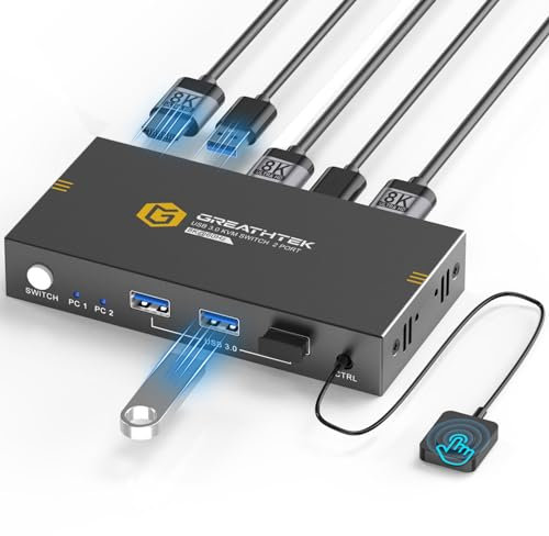 8K@60Hz HDMI KVM Switch 2 PC 1 Monitore, USB 3.0 KVM Switches für 2 Computer teilen sich 1 Monitor, Mit 3 USB3.0 -Geräten, mit Wird Draht Desktop Controller und 2 USB 3.0-Kabeln, Adaptive EDID