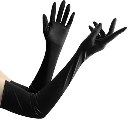 Schwarze Lange Handschuhe Damen Satin 1920er Stil für Oper, Abend & Kostüm Elegante Handschuhe Schwarz Lang Abendhandschuhe für Halloween Karneval