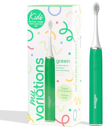 My Variations Kids - Spazzolino da denti elettrico sonico per bambini, ricaricabile, consigliato dai dentisti, 2 modalità, 27 adesivi, 1 mese di autonomia, timer da 3 anni (verde, 3-12 anni)