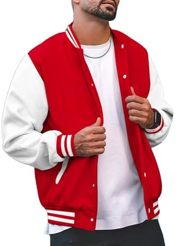seiveini College Jacke Herren Varsity Jacket Oldschool Sportjacke Baseballjacke Patchwork Stehkragen Sweatjacke mit Knöpfe und Taschen Streetwear A Rot L