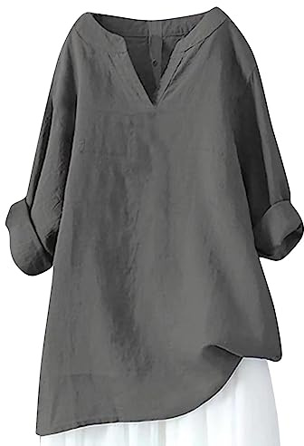 2025 Chemise Lin Femme,Chemisier Coton et Lin pour Femmes Col en V Bouton Manches Longues Tops Couleur Unie LâChe Respirant T-Shirts Grande Taille Pas Cher Casual Coton Lin Tunique Blouse Soldes