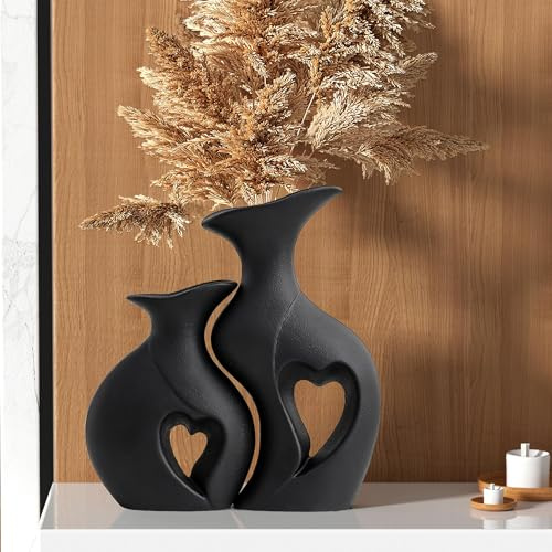 Juego de 2 Jarrones de Cerámica Negra Mate en Forma de Corazón | Decoración Boho para Mesa, Estantería, Salón, Dormitorio y Oficina | Centro de Mesa Moderno