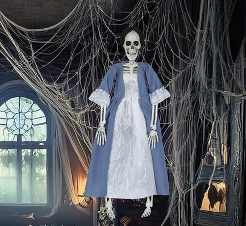 FIESTAS GUIRCA | Skelett mit Kleid Hängedekoration (40 cm) - Gruselige Halloween Dekoration zum Aufhängen für Partys oder im Spukhaus - Horror Oma Skelett Hängefigur Grau Weiß