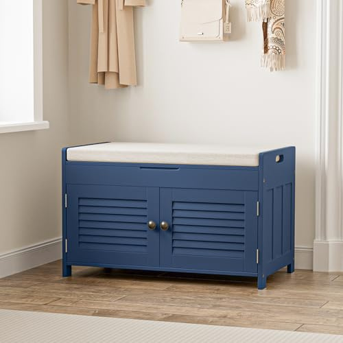 WARMHONIU Shoe Storage Bench with Cushion, Shoe Rack Bench with Doors, Adjustable Shelf, 2-Tier Shoe Cabinet Bench for Entryway, Bedroom, Hallway, Blue