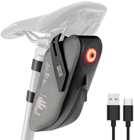 ROCKBROS Bike Saddle Bag with Smart Tail Light,0.8L Waterproof & Resistant Bike Bag Under Seat,Reflective Bike Seat Bag and 3 Magic Straps for Road & Mountain Bikes