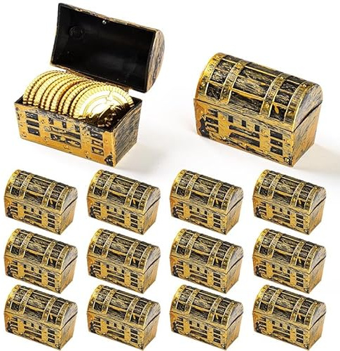 VELATYVIO 36Pcs Mini pirate treasure chest 2.28 x 1 x 1.57 Inch Plastic toy pirate chest with a Gold finish Vintage pirate small decorative box for Kids prizes Halloween Birthday Party Props