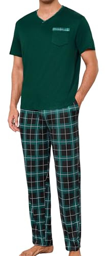 Leversic Men's Short Sleeve Pyjamas Top Long Plaid Sleep Pants Plus Size | V-Neck Pjs Top and Long Checked Pyjama Bottom Soft Comfortable Loungewear Set for Sleeping or Lounging at Home S-3XL