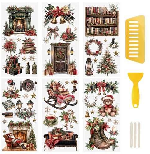 WANDIC 6 Hojas de Pegatinas para Muebles Navidad, Calcomanías de Transferencia para Muebles Motivos Oscuros Vintage, para Scrapbooking, Vidrio, Ventanas, Manualidades Creativas, 15 x 30 cm