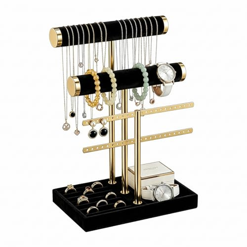 Veebmys Organizador de Joyas con 3 Niveles, Cuelga Collares, Soporte Desmontable para Joyeros de Terciopelo, Jewelry Expositor para Mujer de Anillos, Relojes, Collares, Pendientes, Pulseras (Negro)