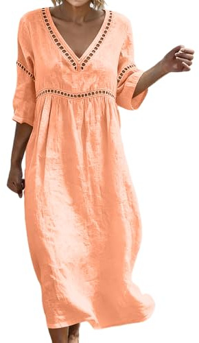 Summer Dresses for Women UK Bohemian 3/4 Sleeve Cotton Dresses Casual Loose Fit Boho Dress Breathable Comfortable Friendly Elegant Style Holiday Beach Travel Everyday Wear