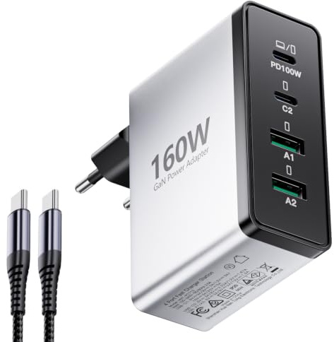 160W USB-C-laddare, flerladdare med 4 portar och laddadapter med USB-A och USB-C, snabbladdare PD 3.0 USB-nätaggregat kompatibelt med MacBook/Samsung Galaxy/bärbar dator/tablett