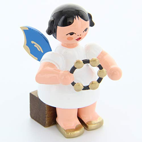 Engel mit Schellenring - Blaue Flügel - sitzend - 5cm / Weihnachtsengel - Original Erzgebirge Engel -Kunstgewerbe Uhlig