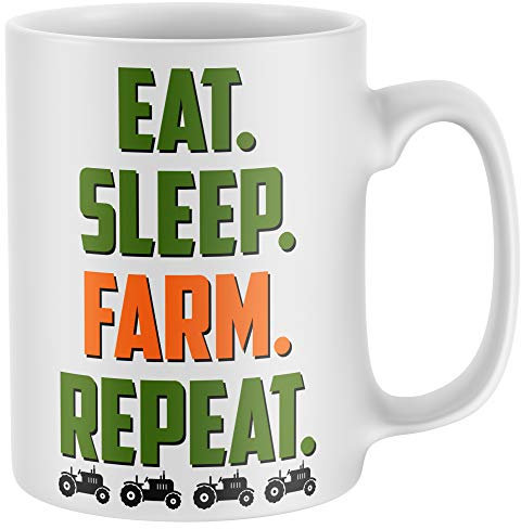 Purple Print House Eat Sleep Farm Repeat, Farming Gifts for Men, Funny Mug, Novelty Mugs, Idea Grandad Dad Tractor Farmer, White, One Size