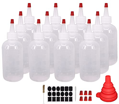 Belinlen 12 Pack 6-Ounce Plastic Squeeze Bottles with 12pcs Red Tip Caps and Measurement - Good for Crafts, Art, Glue, Multi Purpose Set of 12 with 1 Red Funnel
