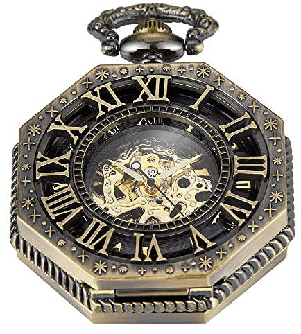 Tiong Irregular Octagon Skeleton Pocket Watch, Men's Antique Mechanical Pocket Watch, Roman Numeral Dial with Chain for Men
