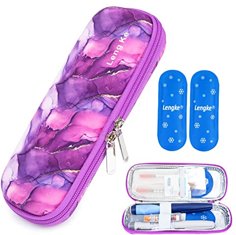 YOUSHARES Bolsa de Viaje Insulina con 2 Bolsas de Hielo de Nylon - Bolsa Refrigerada Viaje para Bolígrafo de Insulina Estuche para Diabéticos (Mármol Púrpura)