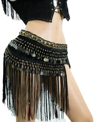 Wuchieal Belly Dance Tribe National Style Gürtel Quaste Hüftschal Samt Taille, Schwarz, Groß