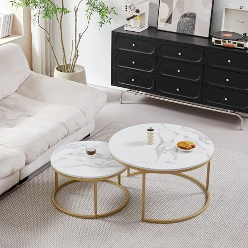 GrandCA HOME Couchtisch 2er Set,Stapelbarer Couchtisch, Couchtische Rund, Marmorierte MDF-Tischplatte, Vergoldete Metallbeine，Geeignet für Wohnzimmer, Esszimmer, Balkon（Ø80 x 45H cm，Ø60x35H cm）