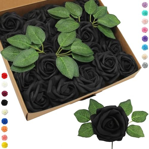 COSORO 25 Piezas Rosas Artificiales Negro,Flores Artificiales Decoracion Cumpleaños Bodas Fiestas Jardín Hogar,Rosas Falsas de Espuma con Tallo Regalos para Manualidades San Valentín Mujeres