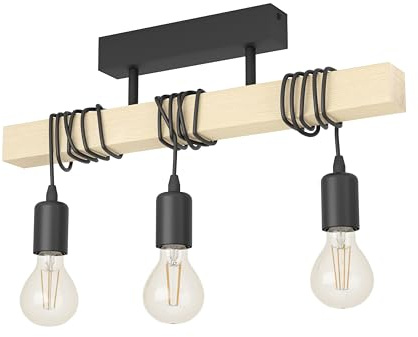 Eglo Lampe de plafond TOWNSHEND 3, plafonnier vintage à 3 flammes au design industriel, suspension rétro en acier et en bois, noir, marron, certifié FSC, douille E27