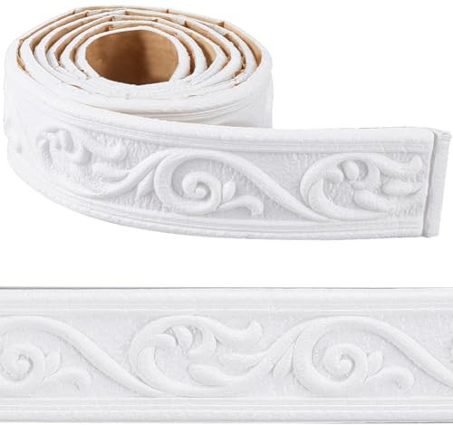 CRASPIRE 2.25m x 5cm Crown Molding Peel and Stick Self Adhesive Wallpaper Border White Flexible Foam Trim 3D Sticky Decorative Wall Edging Foam Baseboard Mirror Border Wall Lines DIY Decor