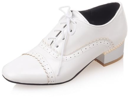 SHEMEE Chunky Heels Oxfords for Women Patent Leather Mid Low Heels Pumps Retro Wingtip Laced Brogues Shoes White,Size 9.5