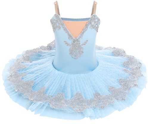 IBTOM Castle Robe Danse Ballet Enfant Fille Paillettes Justaucorps Gymnastique Danse Classique Tutu Paillette Collant Robe Patinage Princesse Pince de Cheveux Costume W Bleu 11-12 Ans