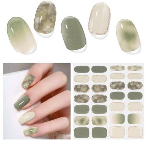 DUKASOU Gel Nail Stickers,28 Pcs Flowers Semi Cured Gel Nail Strips (Green Forest),UV Light/LED Lamp Required,Long Lasting UV Stickers Self Adhesive,Easy to Apply Remove