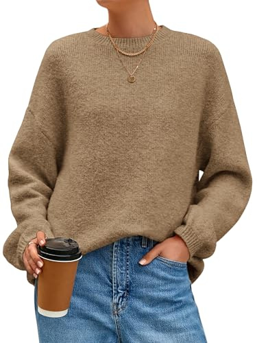 MASCOMODA Long Sleeve Crewneck Pullover Oversized Sweaters for Women Fall 2026 Casual Loose Fuzzy Chunky Knitted Jumper Tops(Khaki,Medium)