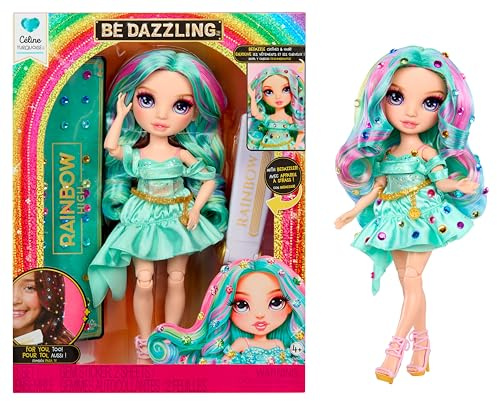 Rainbow High Be Dazzling - Celine Turchese - Bambola fashion color petrolio da 28 cm con decori, gemme scintillanti e accessori per lo styling