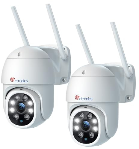 Ctronics Caméra Surveillance WiFi Extérieure 2K PTZ Caméra IP Vision Nocturne Couleur 30M Détection Humaine Suivi Automatique 355° 90° Audio Bidirectionnel IP66 Étanche Slot Carte TF(2 Pack) (Blanc)