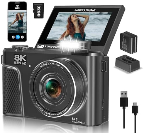 8K Digital Camera with 88MP & 3 180° Flip Screen - 18X Zoom Auto Focus Vlogging Camera for YouTube/Photography, Includes 32GB SD Card & 2 Batteries (Gunmetal)